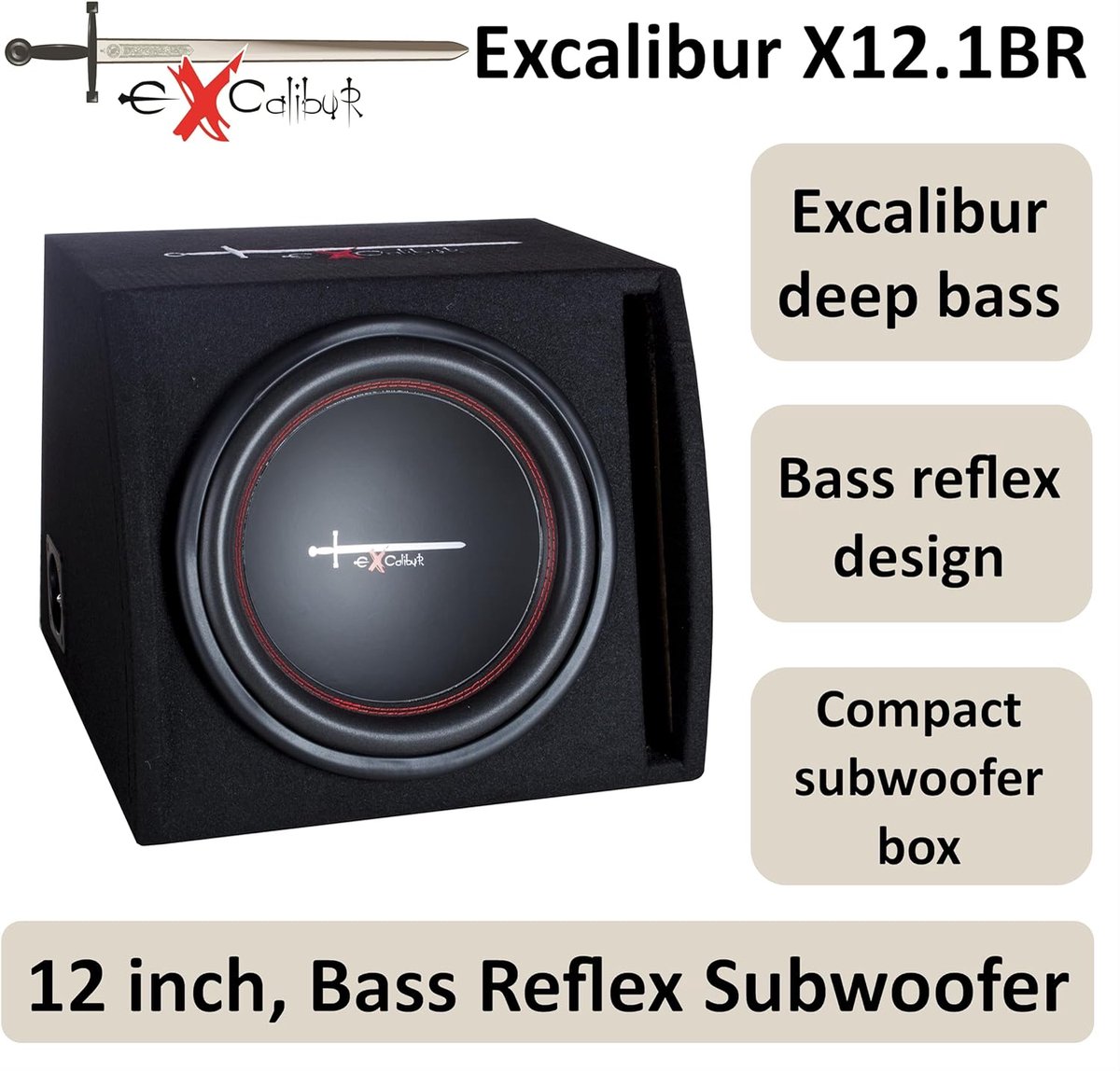 Excalibur Boombox 12'' – Auto Subwoofer in Behuizing – 12 Inch – 1000W Piek / 300W RMS – Bass Reflex – 35Hz–1000Hz – 94dB – 4Ω – foto 6