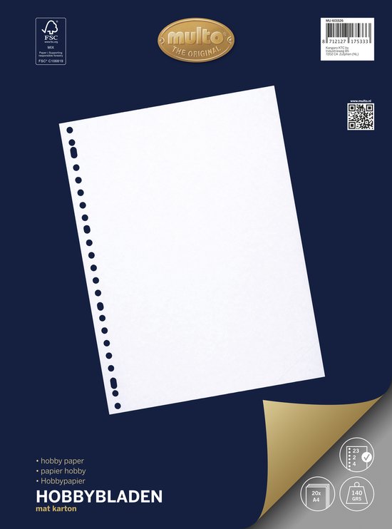 Multo A4 hobby-papier, 20 vellen mat karton, 140 gram, met 23 perforatiegaten op een donkerblauwe achtergrond.