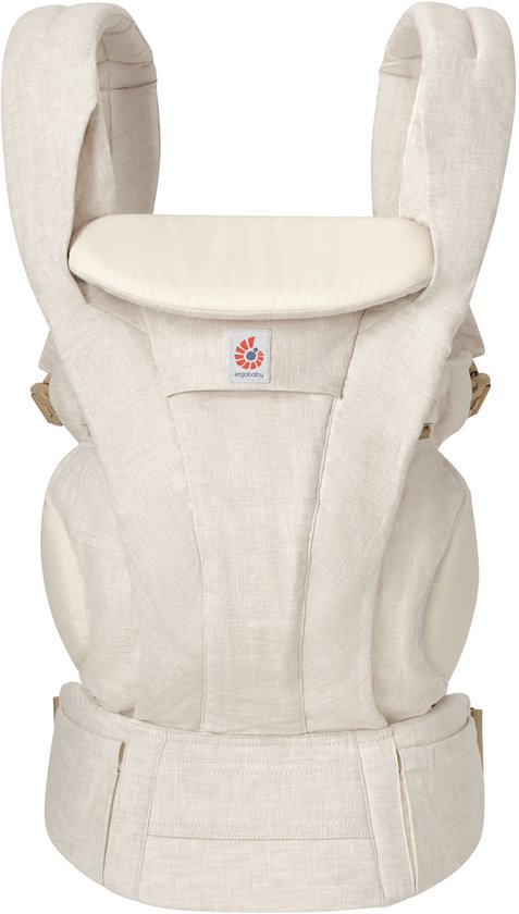 Crèmekleurige Ergobaby draagzak met beige accenten en zacht hoofdkussen.