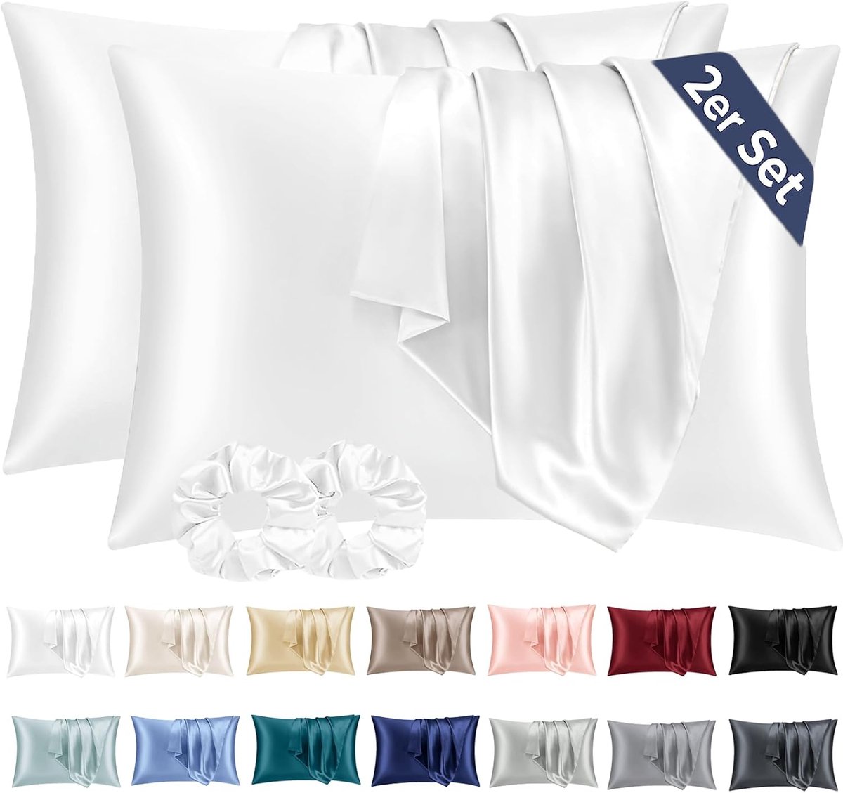 Famanu Satijnen kussenslopen 40x70 cm wit set 2, zijdeachtig zacht voor haar en huid, envelopsluiting met 2 haarbandjes
