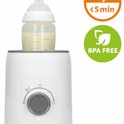 Witte Alecto flessenwarmer met babyfles, met 'BPA FREE' en '<5min' iconen.