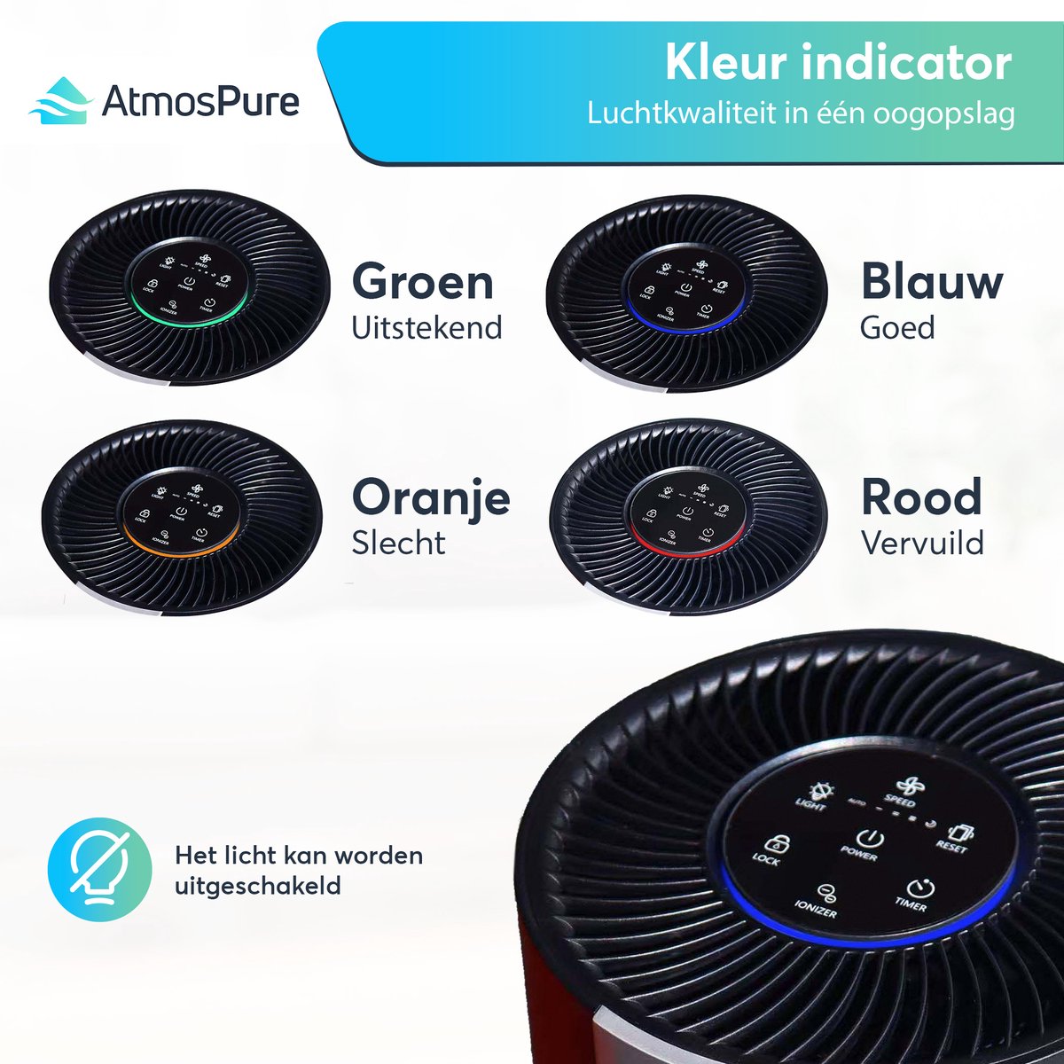 AtmosPure® CleanAir Luchtreiniger - Air Purifier met vervangbaar HEPA 13 + Koolstof filter - CADR 250 m³/h - Zwart - Voor 98 m² - Filtert pollen, huisstofmijtallergenen en fijnstof - 3 standen + stille slaapstand - Luchtkwaliteit Sensor — afbeelding 4
