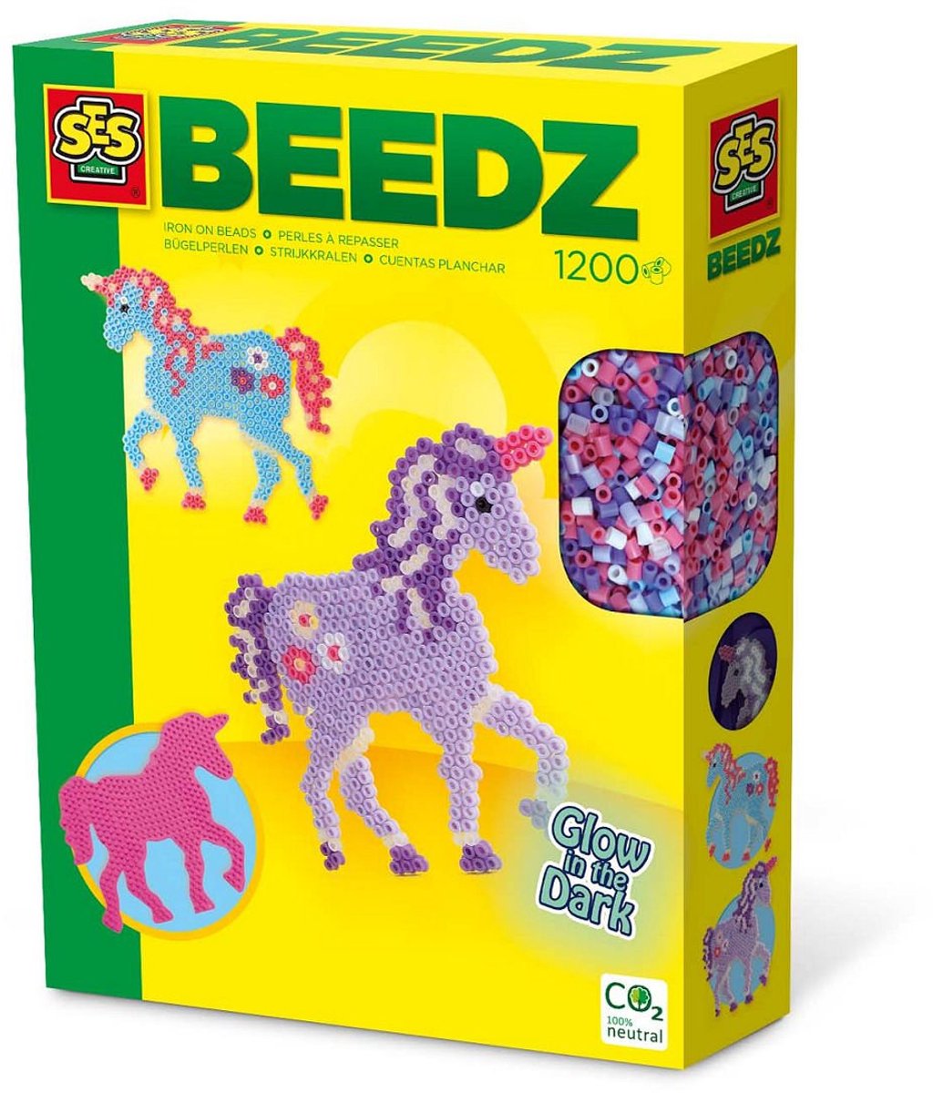 SES Creative - Beedz - Unicorn - Glow in the Dark - 1200 Strijkkralen met Grondplaten en Strijkvellen - Vanaf 5 Jaar — afbeelding 9