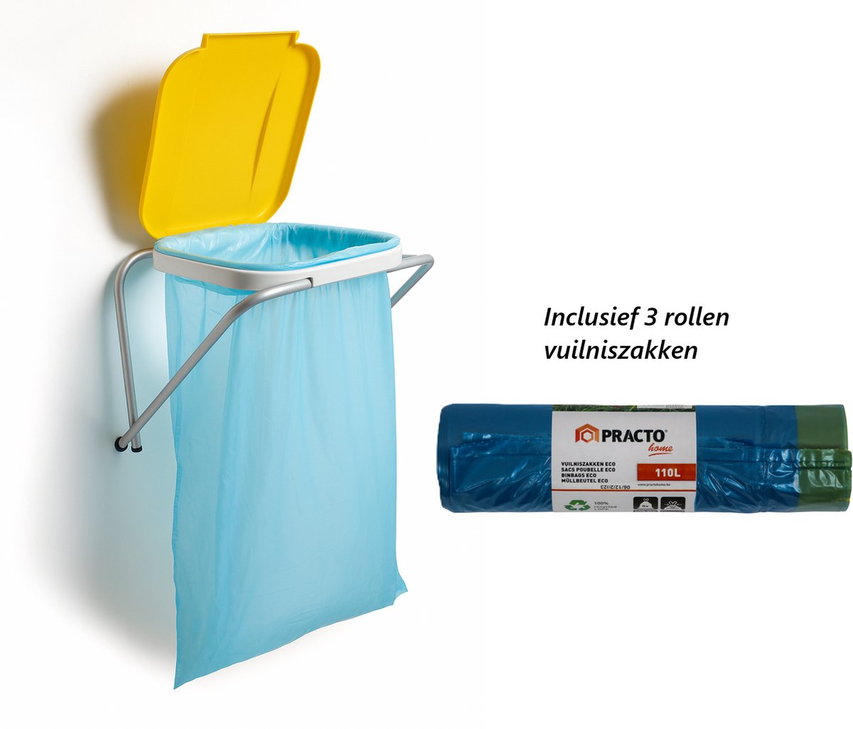 Practo Home – Vuilniszakhouder Geel - 60-130L Muurbevestiging – Met 3 Rollen Eco Afvalzakken 110L