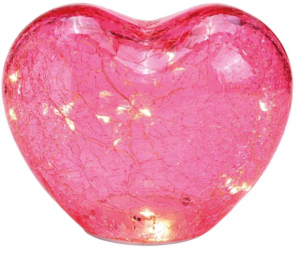 Hart met 20 LED's met timer gemaakt van glas roze/roze (B/H/D) 18x15x11cm