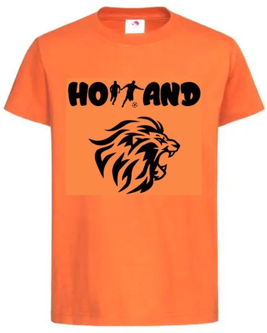 T-shirt Kinderen "HOLLAND + LEEUW" 2.0 Op Voorkant EK WK Voetbal Europees Wereld Kampioen Kampioenschap Oranje Koning Koningsdag | korte mouw | Oranje/zwart | maat 158/164