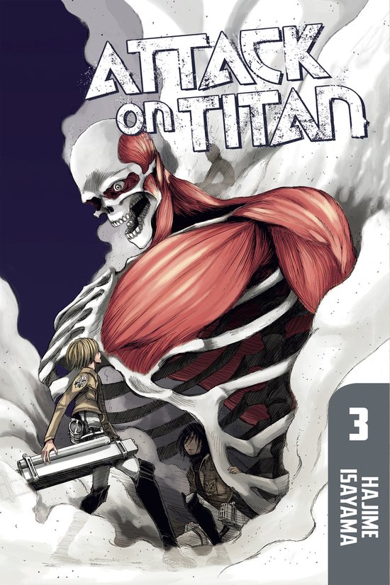 De cover van Attack on Titan 3 toont een reusachtige, skeletachtige titan met rode spieren. Eren en Mikasa staan klein aan zijn voet.