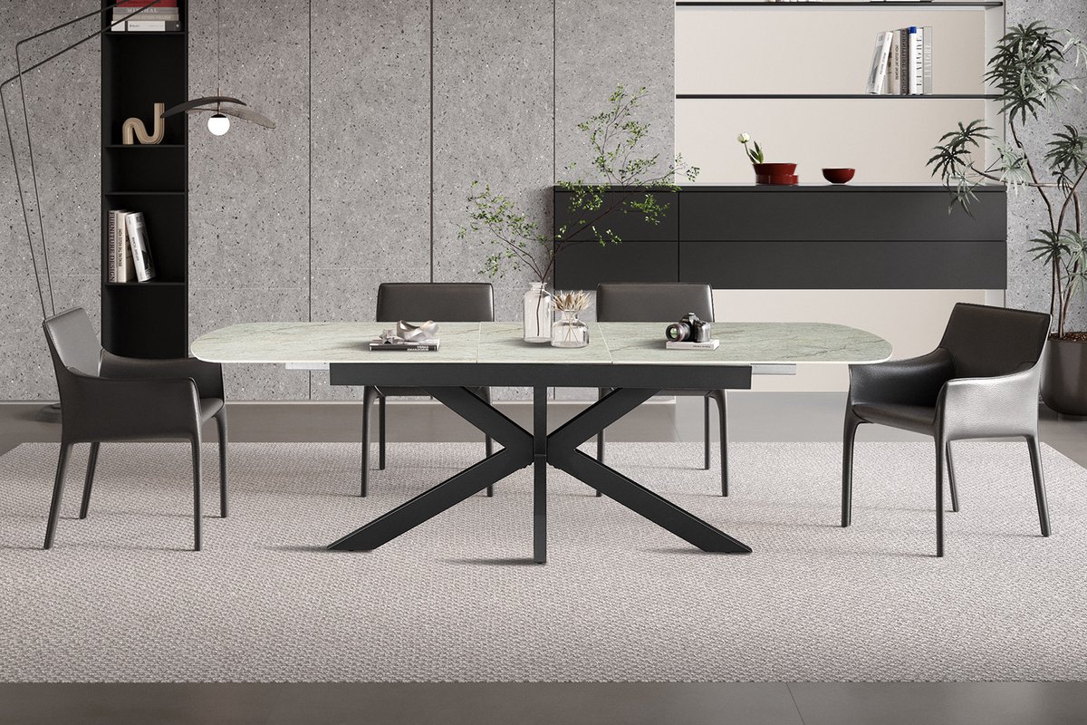 Rousseau Uitschuifbare Eettafel Hestia 180-220 x 90 cm – Deens Ovalen vorm – Beige Marmerlook – Glanzend Blad – Zwart Metalen Onderstel
