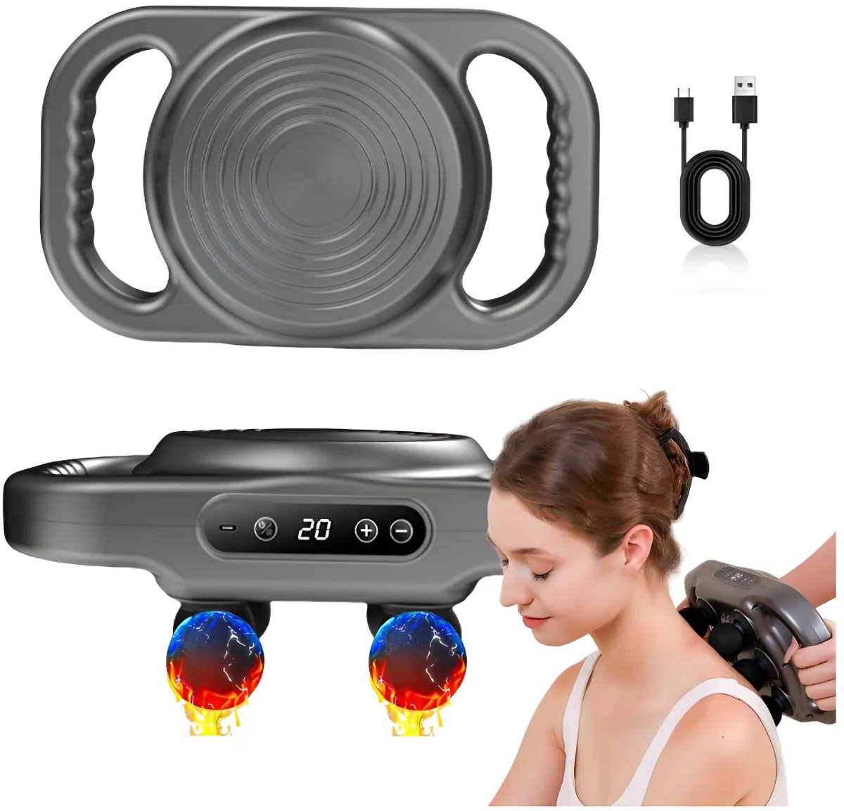 Massagepistool - massage gun - spiermassage apparaat - fascia gun - 6 koppen - 9 modi - 20 intensiteitsniveaus - LCD display - automatische timer 10 min - oplaadbaar 2000 mAh - grijs