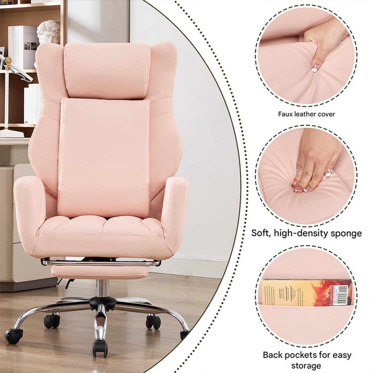 UNION Ergonomische Gaming Chair met Inklapbare Voetensteun - Roze - afbeelding 3