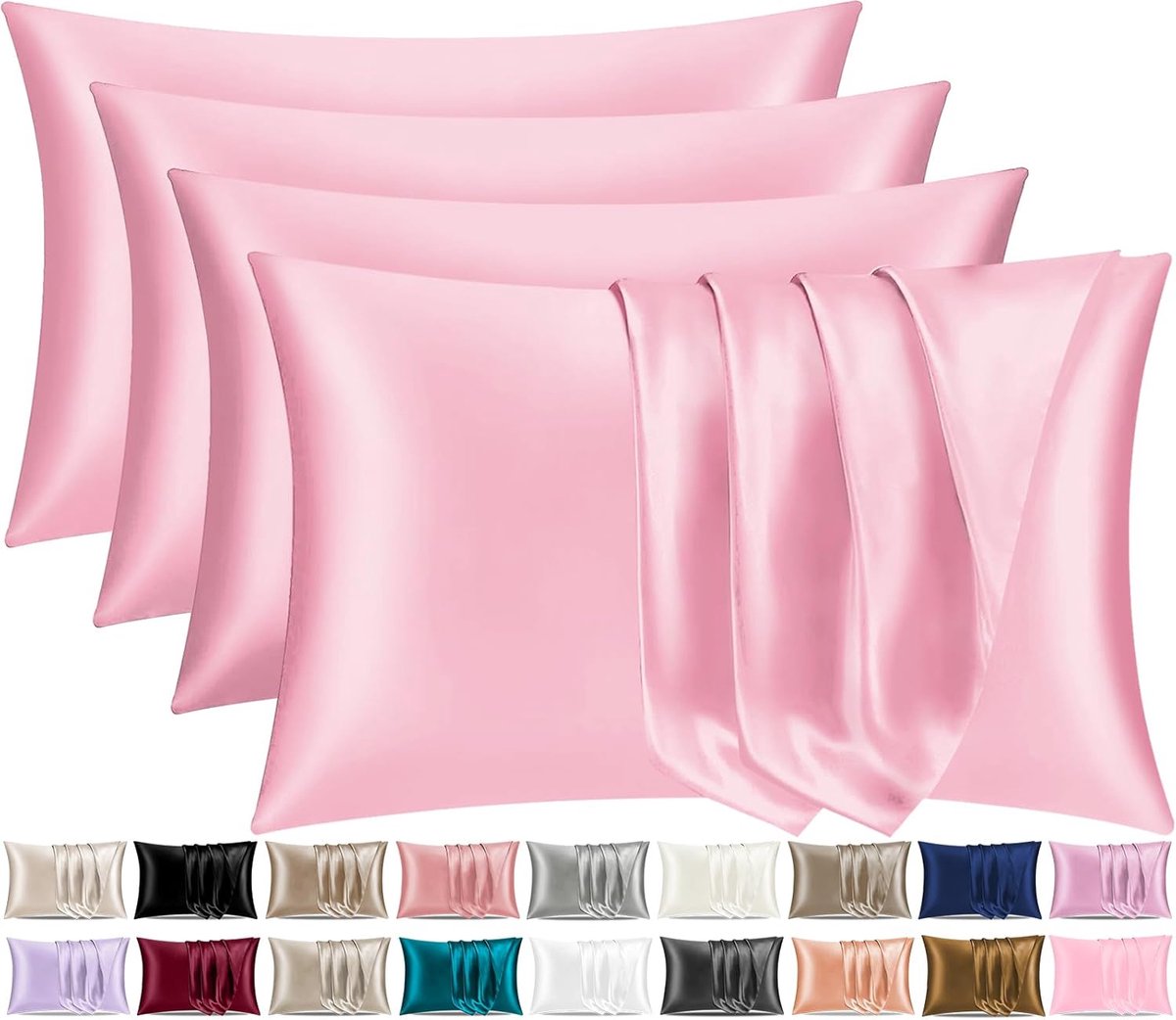 Famanu Satijnen kussenslopen 50x75 cm roze set 4, zijdeachtig satijn met envelopsluiting, voor haar en huid minder wrijving
