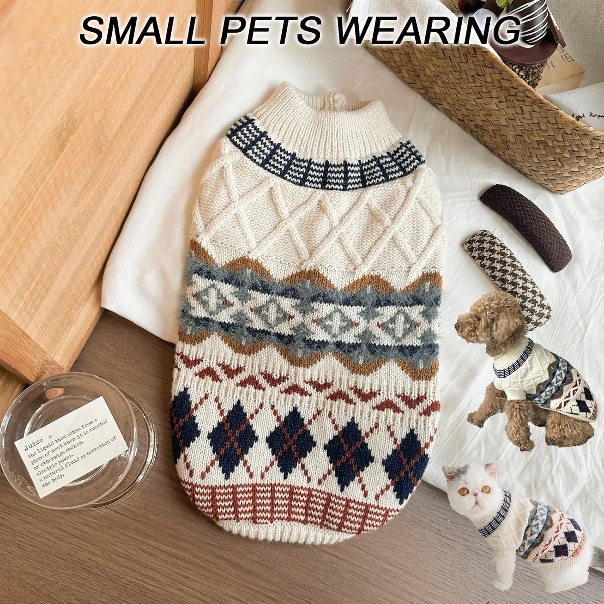 Hondentrui voor kleine honden, truien in etnische stijl voor kleine honden, zachte en donzige truien, winterkleding ultrazacht en thermisch, warme kleding voor de herfst, BeigeS — cadeau in Cadeau-ideeën - foto 4