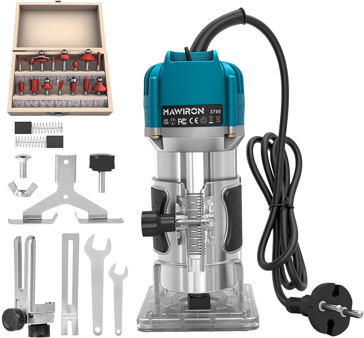Compacte handfreesmachine - Houtbewerkingsgereedschap voor randafwerking, houtverbindingen en frezen, 30000 toeren/min, 800W, 220V, 15-delige set