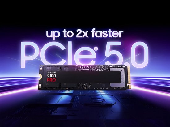 Samsung 9100 PRO SSD op een futuristische achtergrond met 'up to 2x faster PCIe 5.0' tekst.