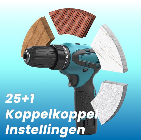 Blauwe en zwarte accu boormachine omringd door materialen zoals hout, baksteen en gipsplaat.