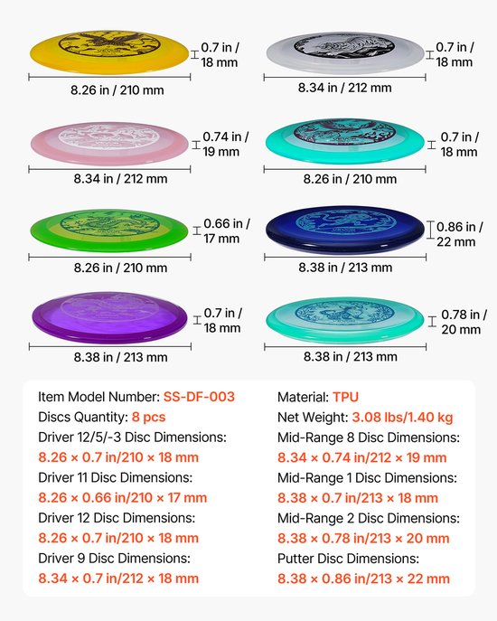VEVOR Disc Golf Starter Set (8 Stuks), Beginnersfrisbees voor Volledige Lichaamskrachttraining, met Putter, Middenbereik, Driver, Pdga-Goedgekeurd, voor Tuin, Gazon, Strand, Park, Buiten van VEVOR — afbeelding 3