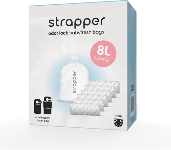 Strapper 8L 90 Odor Lock babyfresh vuilniszakken. Met een grote vuilniszak, 7 rolletjes en icoontjes voor telescopische luieremmers.