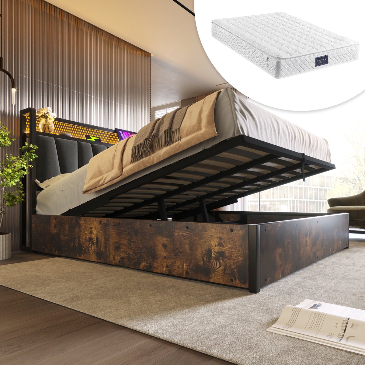 Metalen Bed 160x200 cm - Tweepersoonsbed Met USB En App-Gestuurde LED - Met Houten Lattenbodem - Grijs - Met Matras