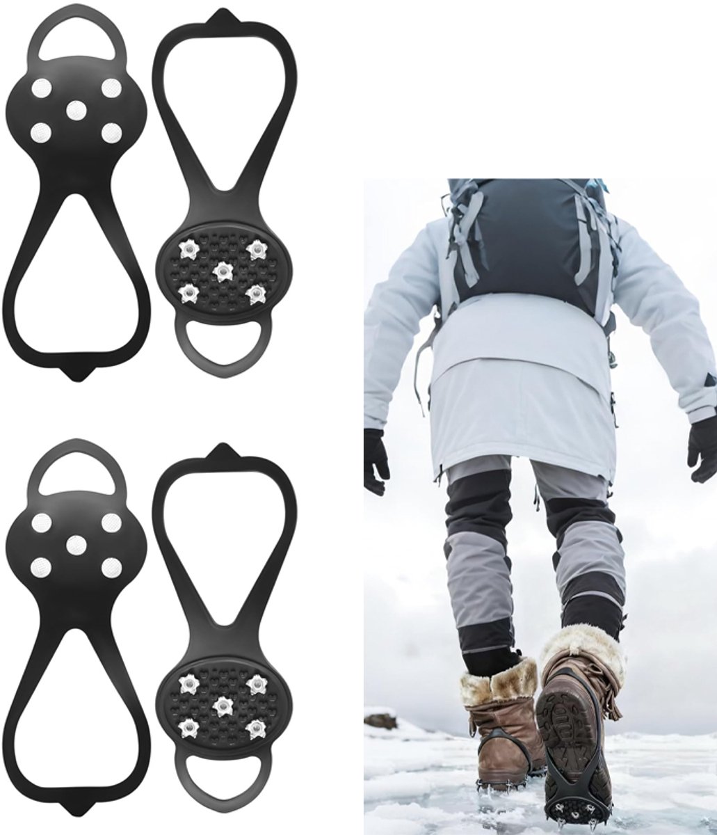 2 paar sneeuwzolen onder schoen - maat L - voor bergschoenen - ijsgrijpers met 5 tanden - geschikt voor wandelen en ijsontdooiing
