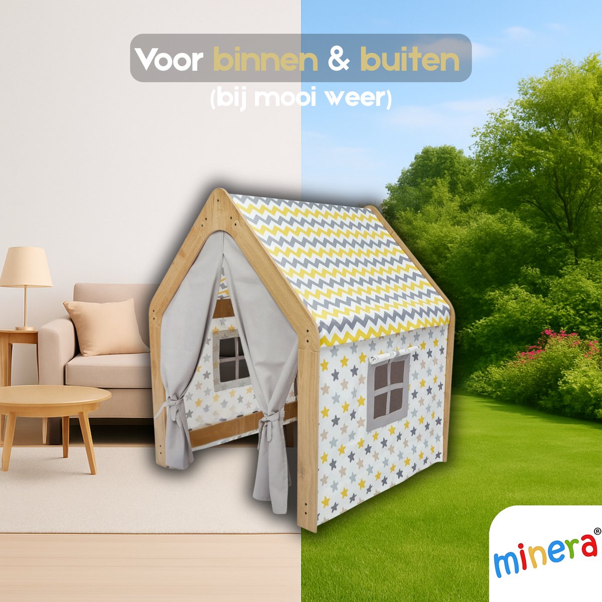 Minera® Tipi Tent - Speeltent - Jongens & Meisjes - Binnen Speelgoed - Speelhuisje voor Kinderen - Houten Kinderhuisje - Kindertent vanaf 1 tot 7 Jaar - Geel met Blauw — afbeelding 3