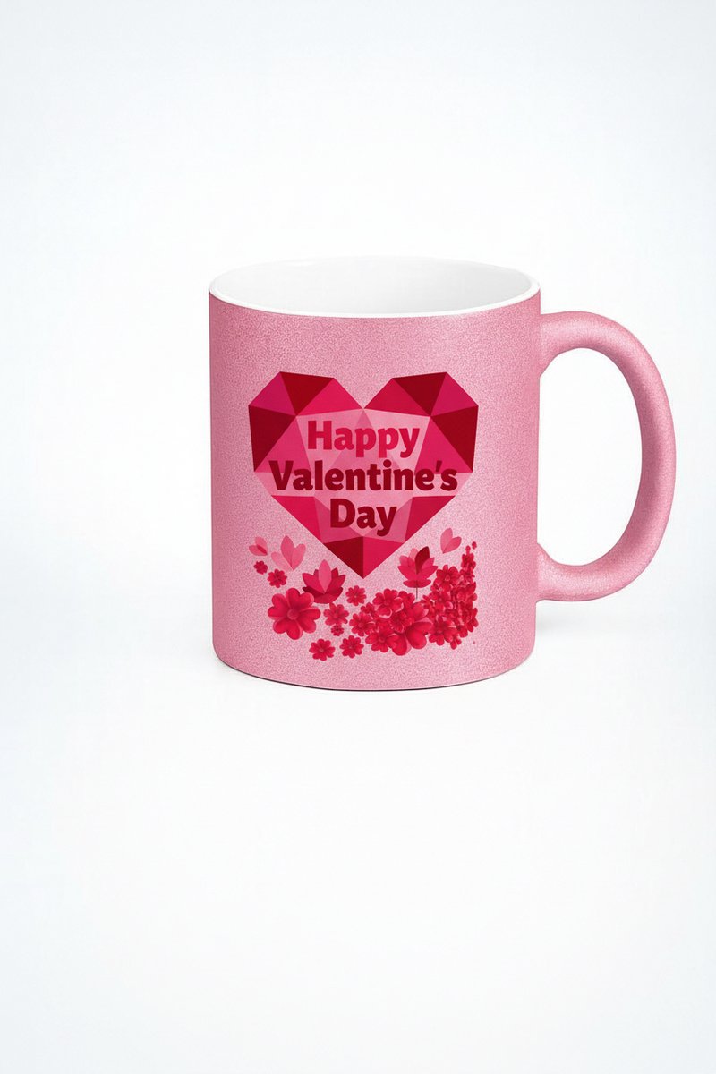 Valentijn Mok Roze Glitter Hart Happy Valentine's Day Cadeau