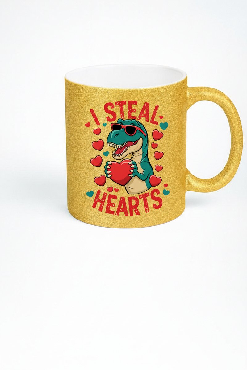 Valentijn Mok 'I Steal Hearts' T-Rex Dinosaurus - Grappige Gouden Glitter Beker Cadeau