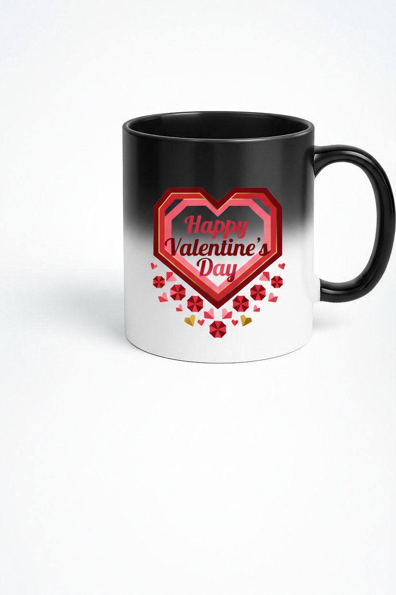 Zwarte Magic Mok 'Happy Valentine's Day' met Hart Design - Uniek Valentijnscadeau