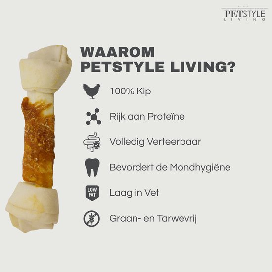 Kauwbot met kip met opsomming van voordelen: 100% Kip, Rijk aan Proteïne, Verteerbaar.