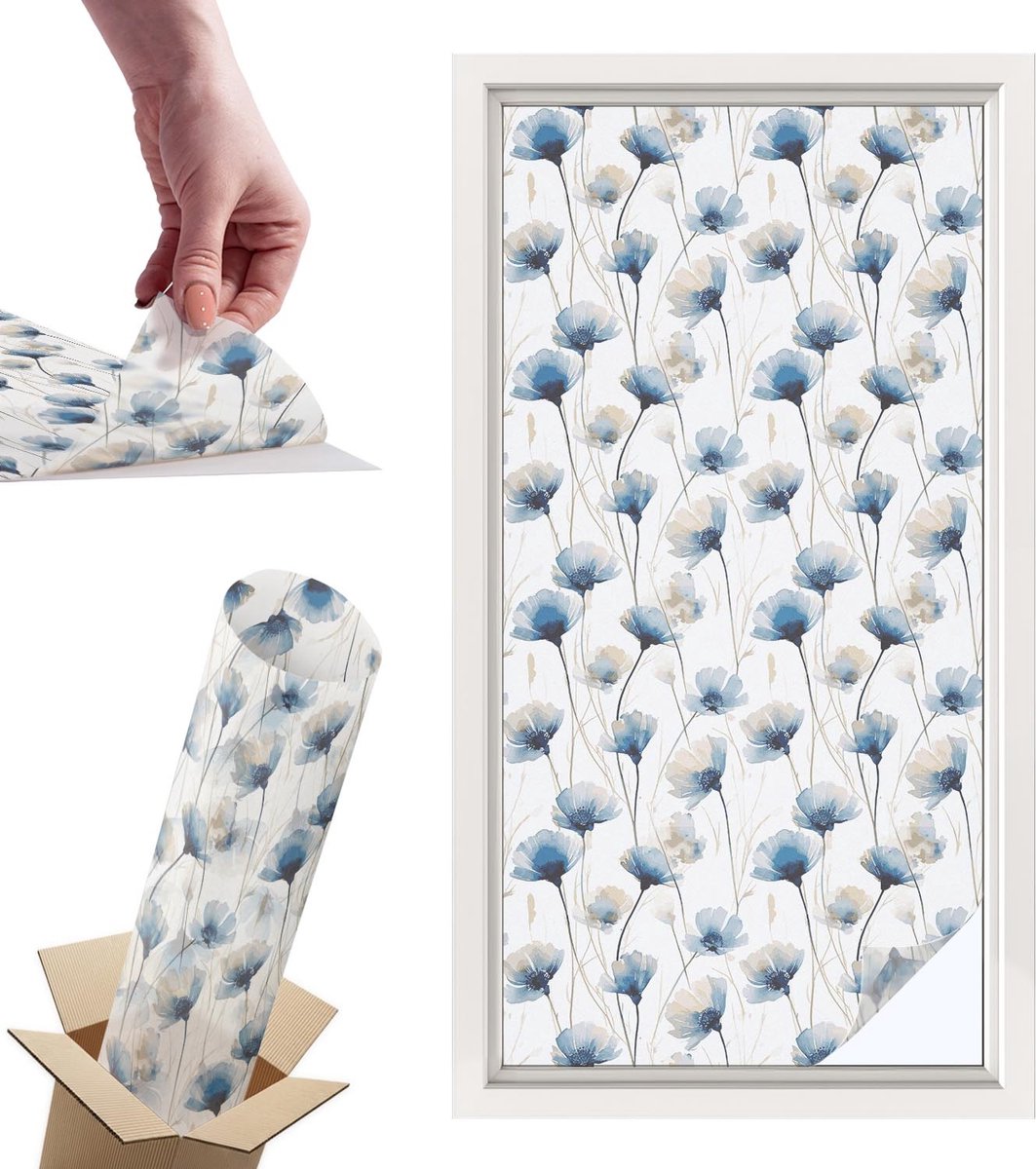Tulup Raamfolie Anti inkijk - Blauwe bloemen Privacy Folie Raam - 50x100 cm - Wit Anti inkijk Folie - Raamfolie Tegen inkijk Glas in Lood - Voor de slaapkamer, woonkamer en badkamer. - Raamfolie Zonwering