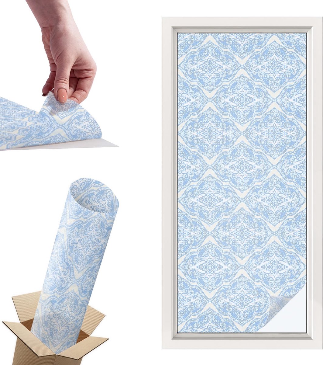 TULUP Raamfolie Anti inkijk - Bloemenornament Privacy Folie Raam - 50x116 cm - Blauw Anti inkijk Folie - Raamfolie Tegen inkijk Glas in Lood - Voor de slaapkamer, woonkamer en hal. - Raamfolie Zonwering Blauw - Bloemenornament