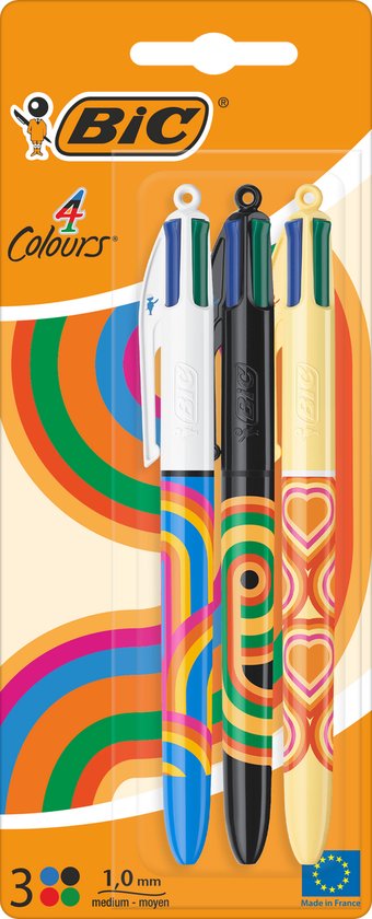Stylo Bille BIC 4 Couleurs Designs Tie & Dye - Set de 3 stylos - Pointe Medium 1 mm