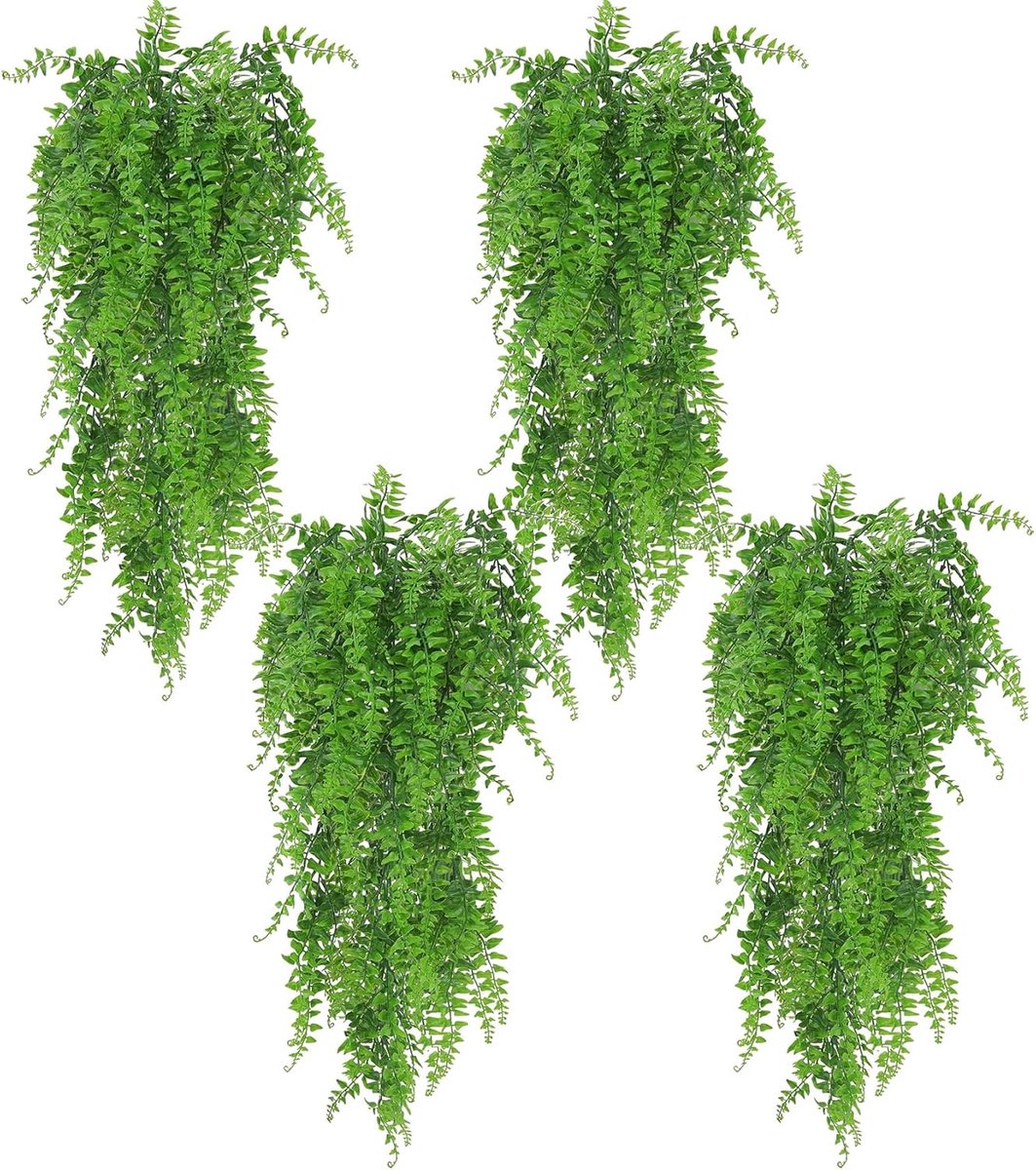 MELVRA Kunst Hangplanten - Set van 4 - Varens - Kunstplanten voor Binnen & Buiten - Hangend Groen - Decoratie voor Woonkamer, Balkon en Tuin