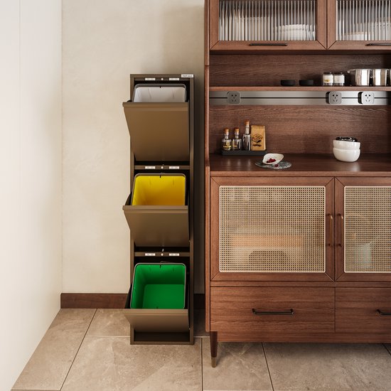 Prullenbak Afvalscheiding 45 Liter (3x15L) - 3 Vakken met Gedempte Klep - Beige | Veehaus Monstera