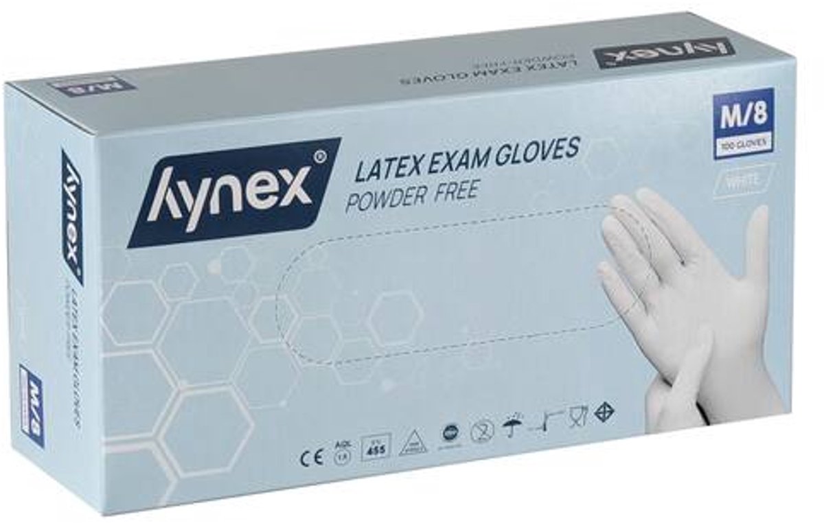 Hynex latex handschoenen maat M Wit omdoos 1000 stuks poedervrij - 5,0gr MD - 10x100/box