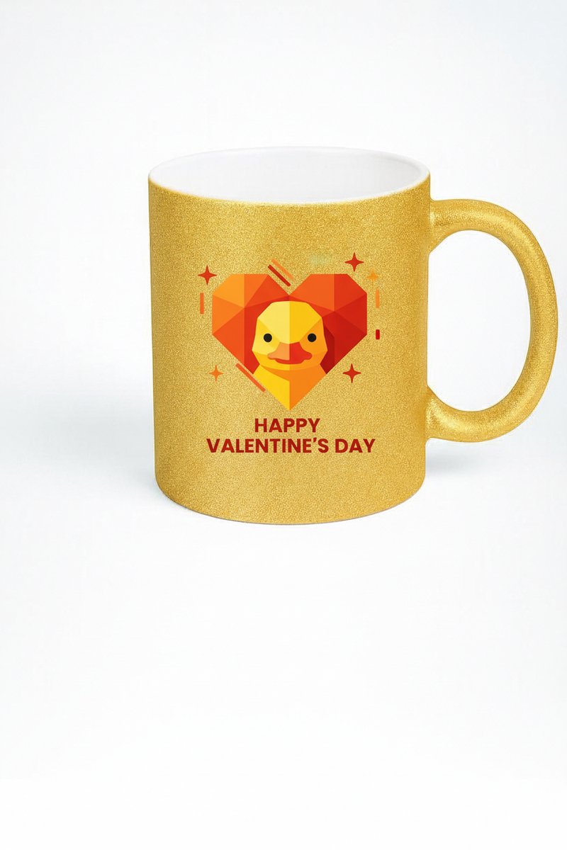 Gouden Glitter Valentijn Mok met Eend & Hart - Happy Valentine's Day Cadeau Beker