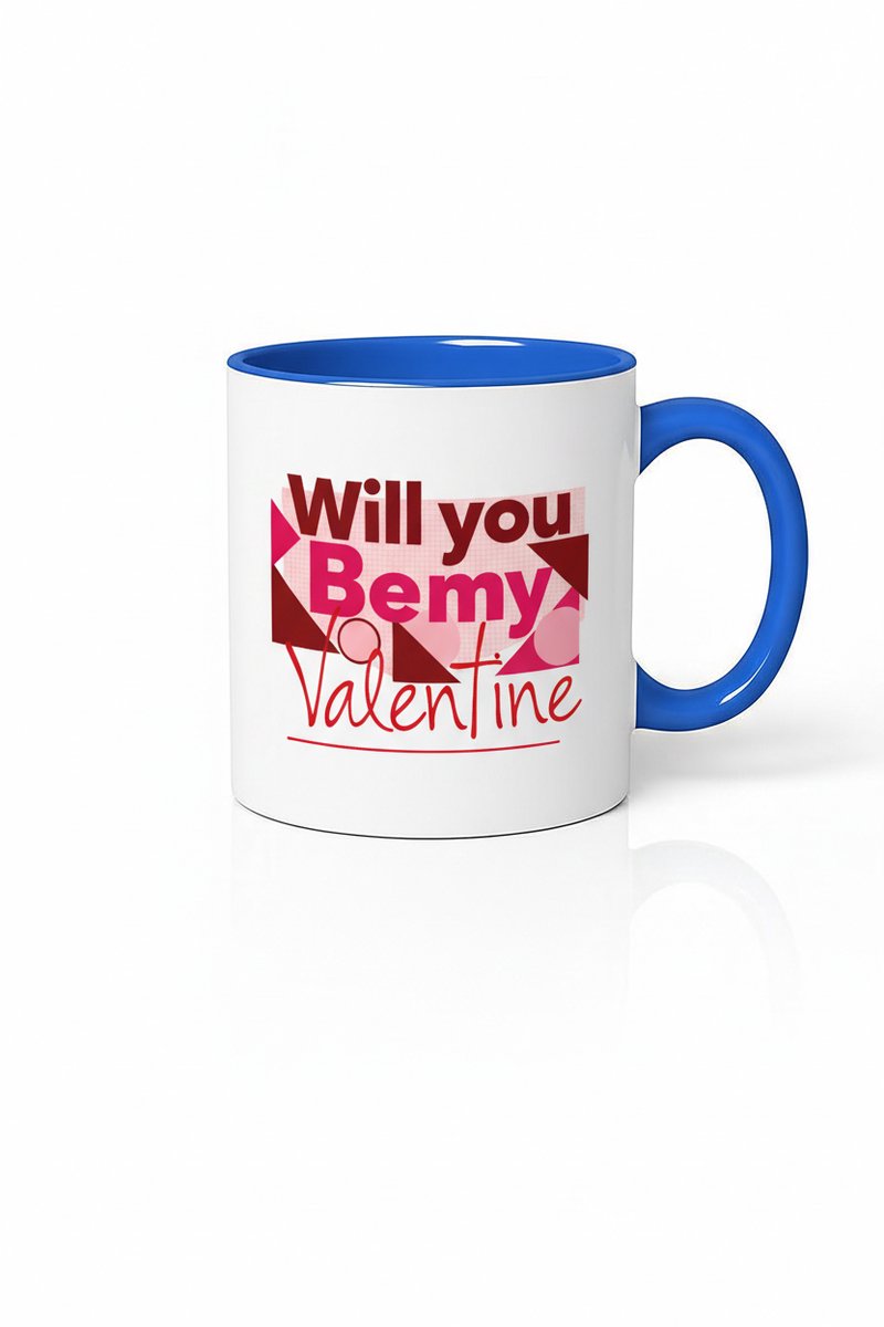 Valentijn Mok 'Will you Bemy Valentine' met Hartjes en Blauwe Rand - Romantisch Cadeau