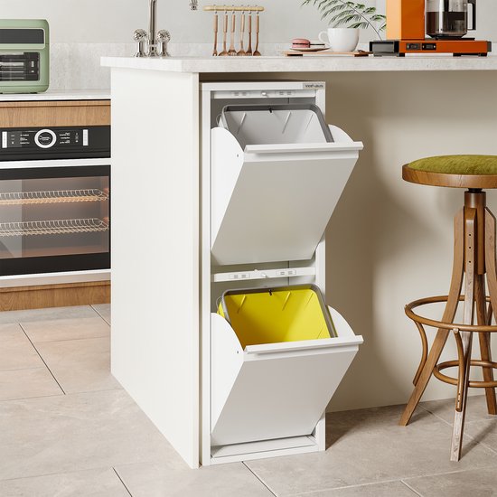 VEEHAUS – Allen - Prullenbak 2 vakken – Afvalemmer 30 Liter (2x 15L) – Wit - 2-vaks Prullenbak Afvalscheiding – Afvalbak Metaal – Hygiënisch Recyclen - Afval Scheiden - Prullenbak