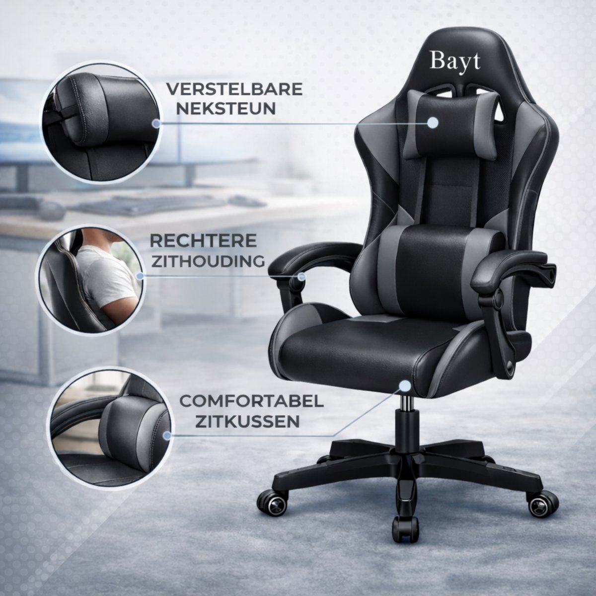 Bayt Gaming Stoel Ergonomisch Zwart/Grijs Verstelbaar - afbeelding 2