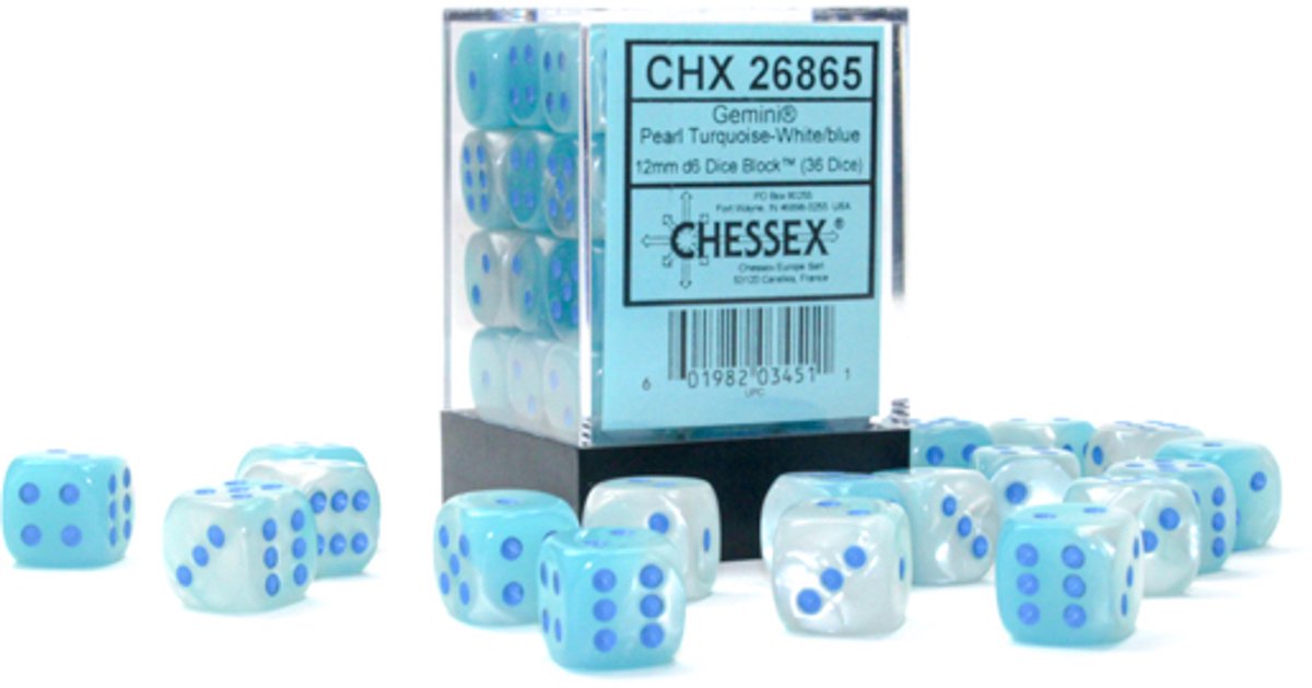 Chessex Gemini Pearl Turquoise-White/blue Luminary D6 12mm Dobbelsteen Set (36 stuks)