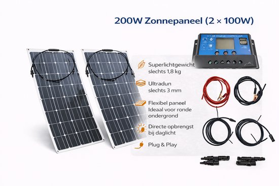 Flexibel Zonnepaneel Camper Compleet Pakket 200W 12V - UltraDun 3MM - Lichtgewicht- Plug Play - Zonnepaneel voor Camper - Zonnepaneel voor Caravan - Zonnepaneel voor Boot - Zonnepaneel voor Tuinhuis van Flex — afbeelding 2