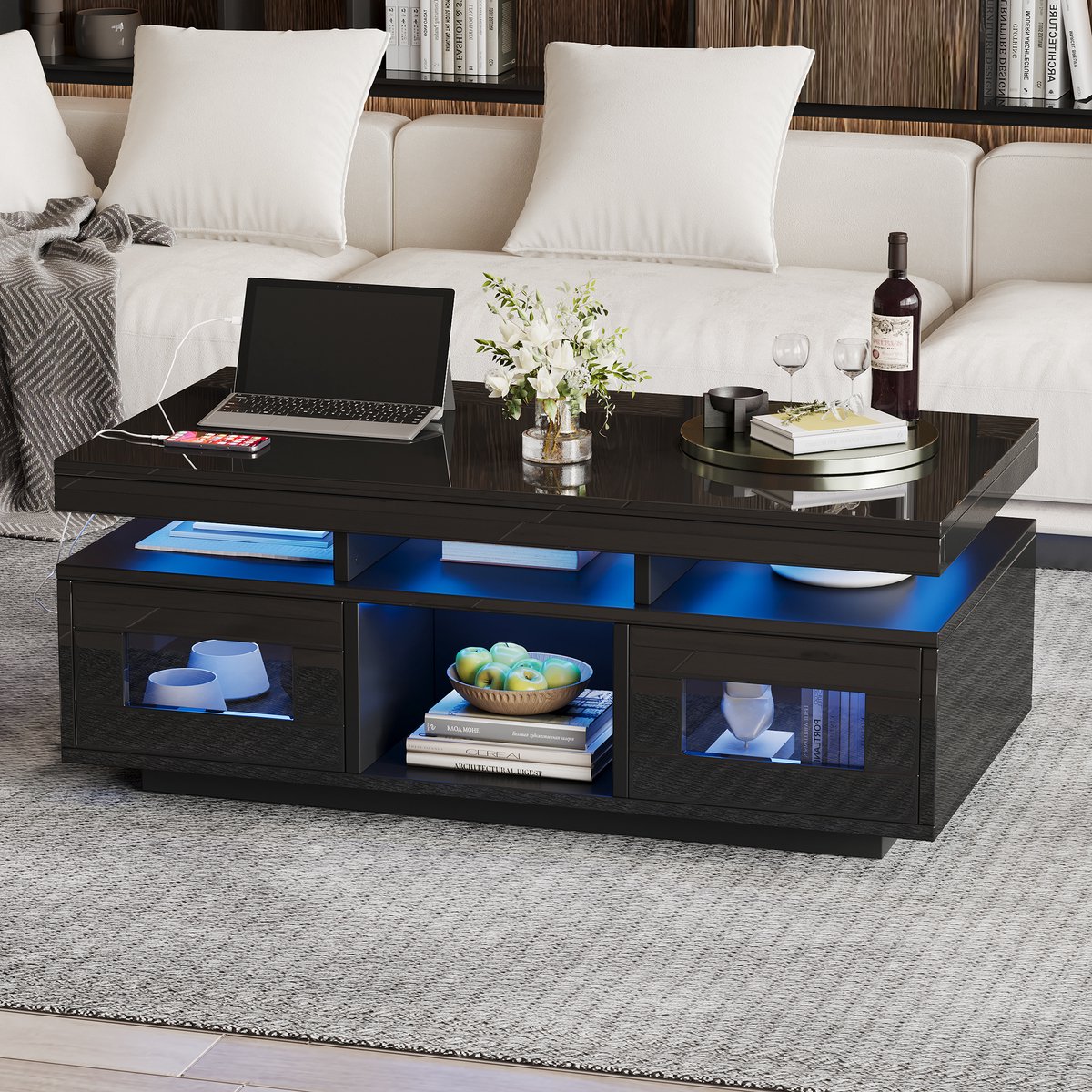 REDOM Salontafel 100x50x43 cm van zwart spaanplaat, hoogglans randen, appgestuurde RGB-LED, stopcontact en USB