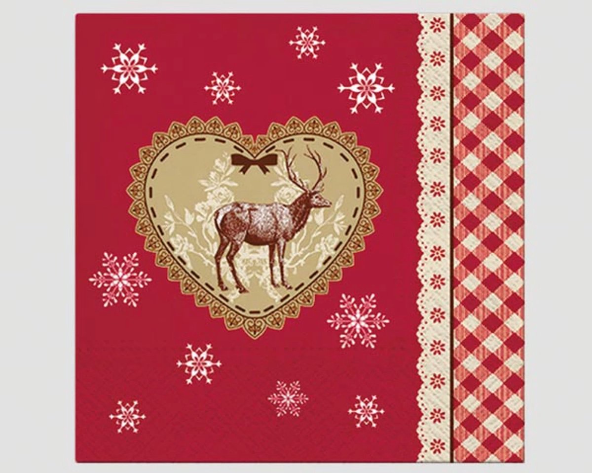 40 Servetten - Hart - Eland - Strik - Sneeuwvlok - Broderie - Ruit - Rood - Bruin - Wit - 33 x 33 cm - 3-Laags - Premium Collection by Jean