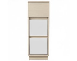 Smalle nachtkast/zijtafel 30×25×65 cm, naturel+wit, met 2 lades en 1 open vak, vak flexibel links of rechts te plaatsen, ruimtebesparend, modern minimalistisch, geschikt voor slaapkamer/woonkamer