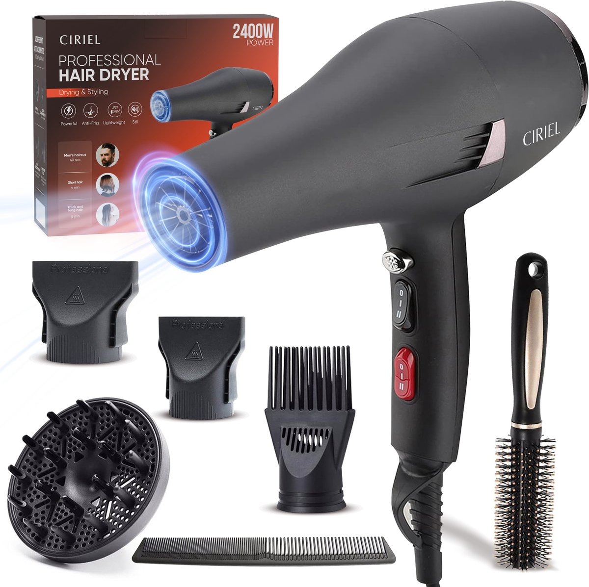 Ciriel Föhn - Föhn Met Diffuser - Haardroger - 2400W - Complete Set - Haardroger Met Borstel - 4 Standen - Ionische Fohn Krullen - 4 Opzetstukken