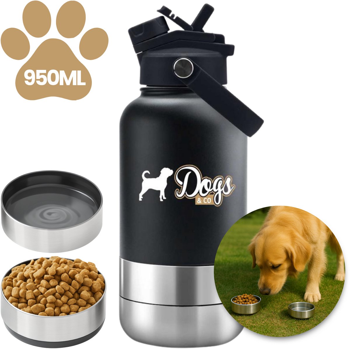 Dogs&Co® Geïsoleerde Draagbare Drinkfles 950ML - Zwart - 4-in-1 Draagbare Drinkfles / Voerbak voor Honden en Katten - Inclusief Voerbak & Waterbak - Roestvrij Staal & BPA-vrij