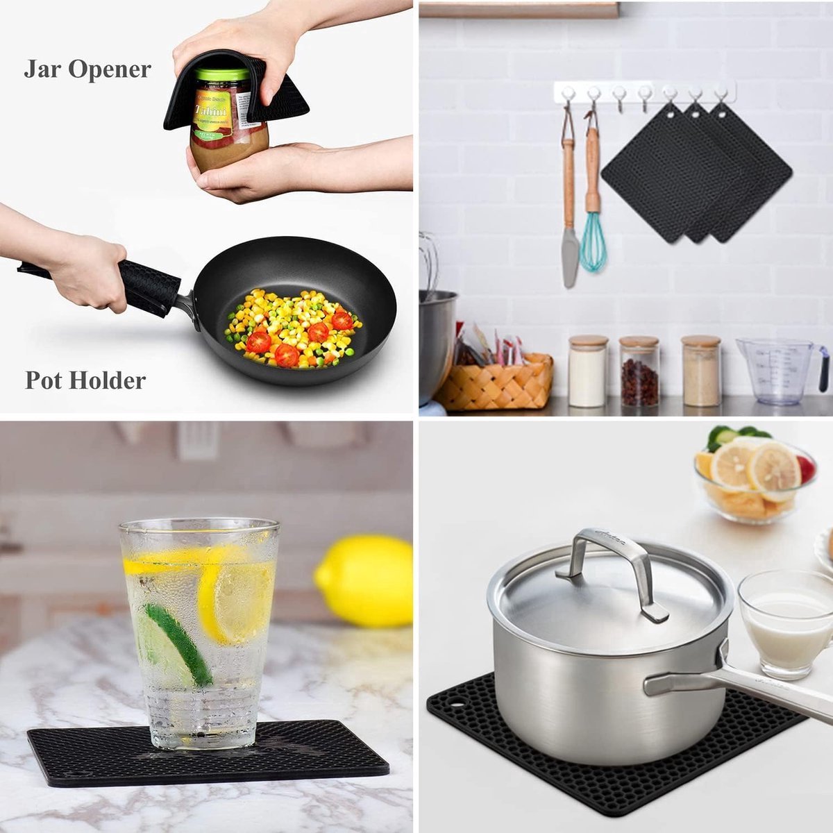 Stunq® pannenonderzetters, set van 4 stuks, siliconen pannenlappen voor de keuken, vaatwasmachinebestendig, hittebestendig, zwart, vierkant, rond