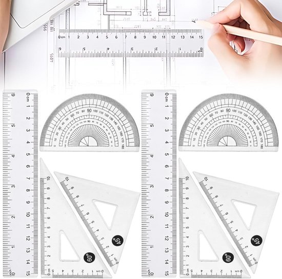 Ensemble mathématique 8 pièces : Set de géométrie avec règle, rapporteur et équerre.