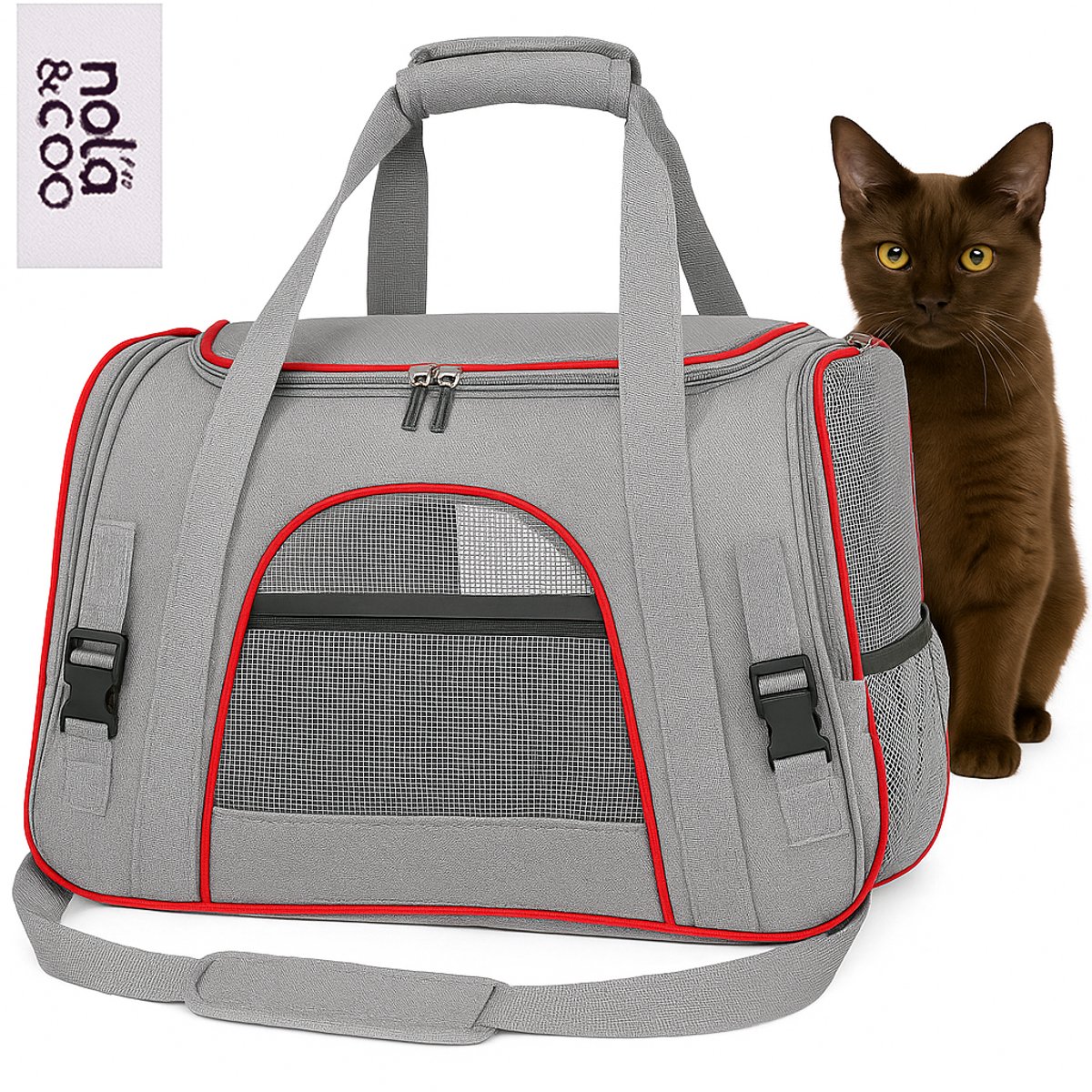 Nola & Coco Reistas voor Katten, Honden en Knaagdieren - Max 8 KG - 43 x 25 x 28 cm - Huisdieren Reistas - Small - Grijs/Rood