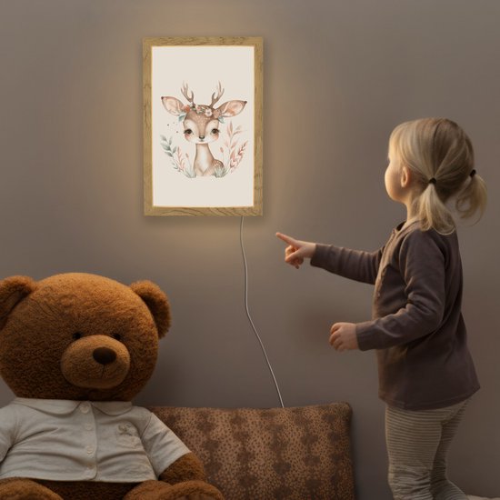 Nachtlampje 20x30 cm - Kinder lamp - Hert - Bohemian - Bloemen - Bosdieren - Tafellamp kinderkamer - Slaapkamer lamp - Bedlamp kinderen - Kinderlampje stopcontact - Wandlamp babykamer - Nachtlampjes van Merkloos — afbeelding 5