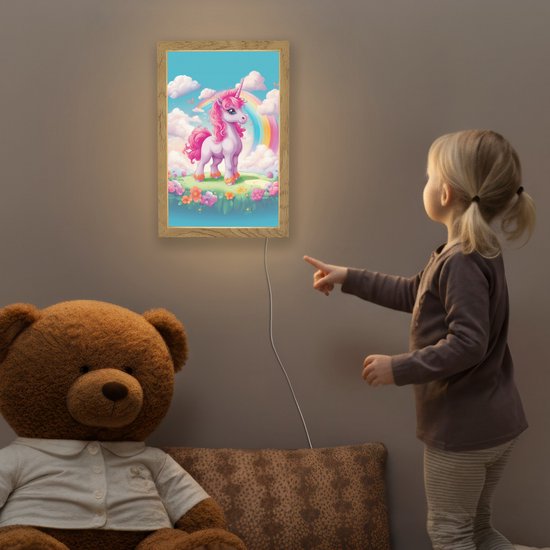 Nachtlampje 20x30 cm - Kinder lamp - Unicorn - Meisjes - Bloemen - Regenboog - Eenhoorn - Tafellamp kinderkamer - Slaapkamer lamp - Bedlamp kinderen - Kinderlampje stopcontact - Wandlamp babykamer - Nachtlampjes van Merkloos — afbeelding 5